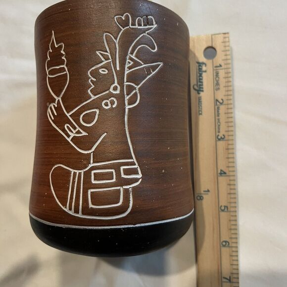 Vintage Mexican Pottery Vase Etched Mayan Aztec Orange Green Teotihuacan Mexico - Picture 4 of 7